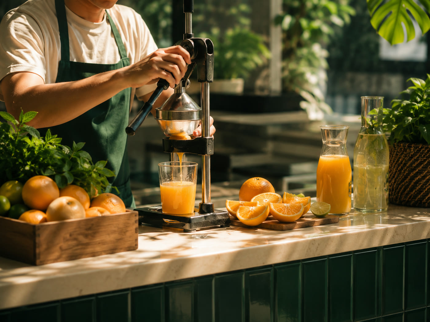 Fresh juice pressed in sunlight at the Apricus Express counter